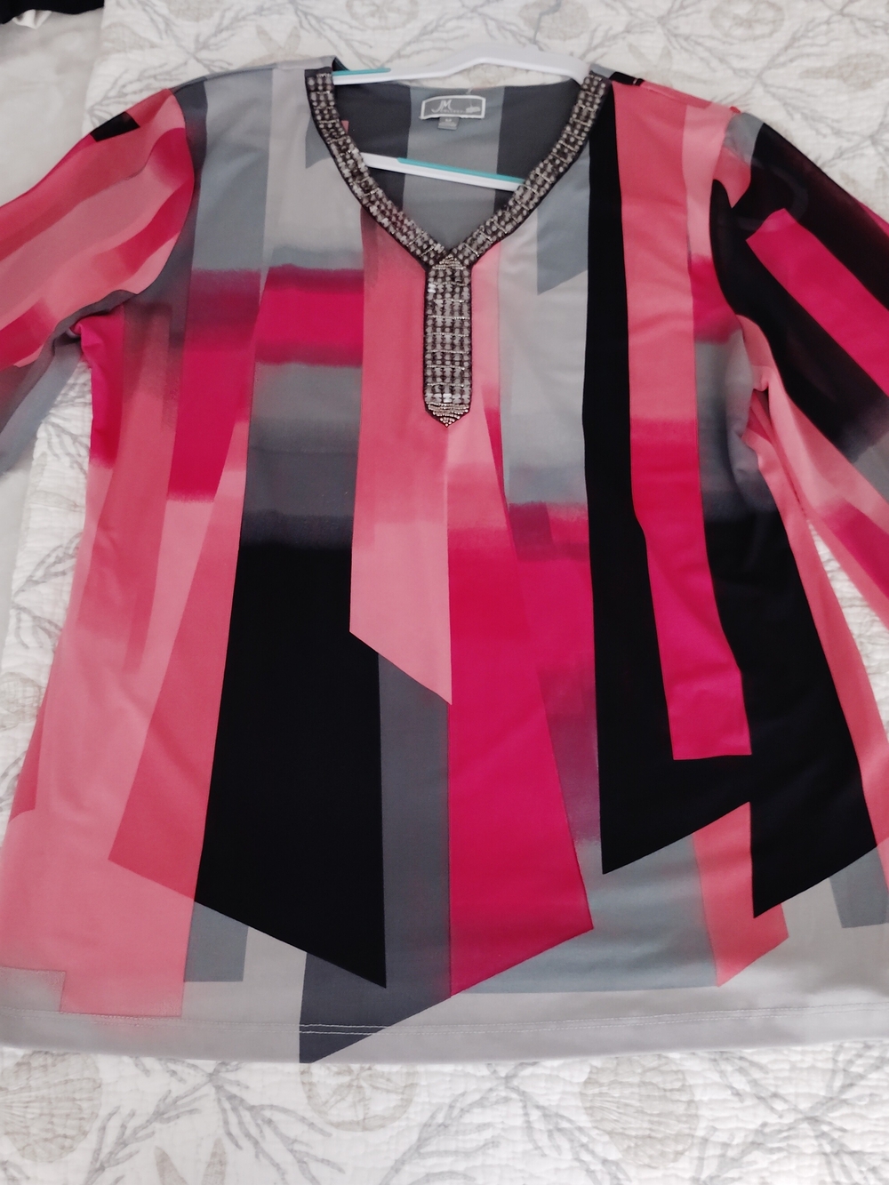 JM Collection Beaded V-Neck Striped Tunic - Pink/Black/Gray